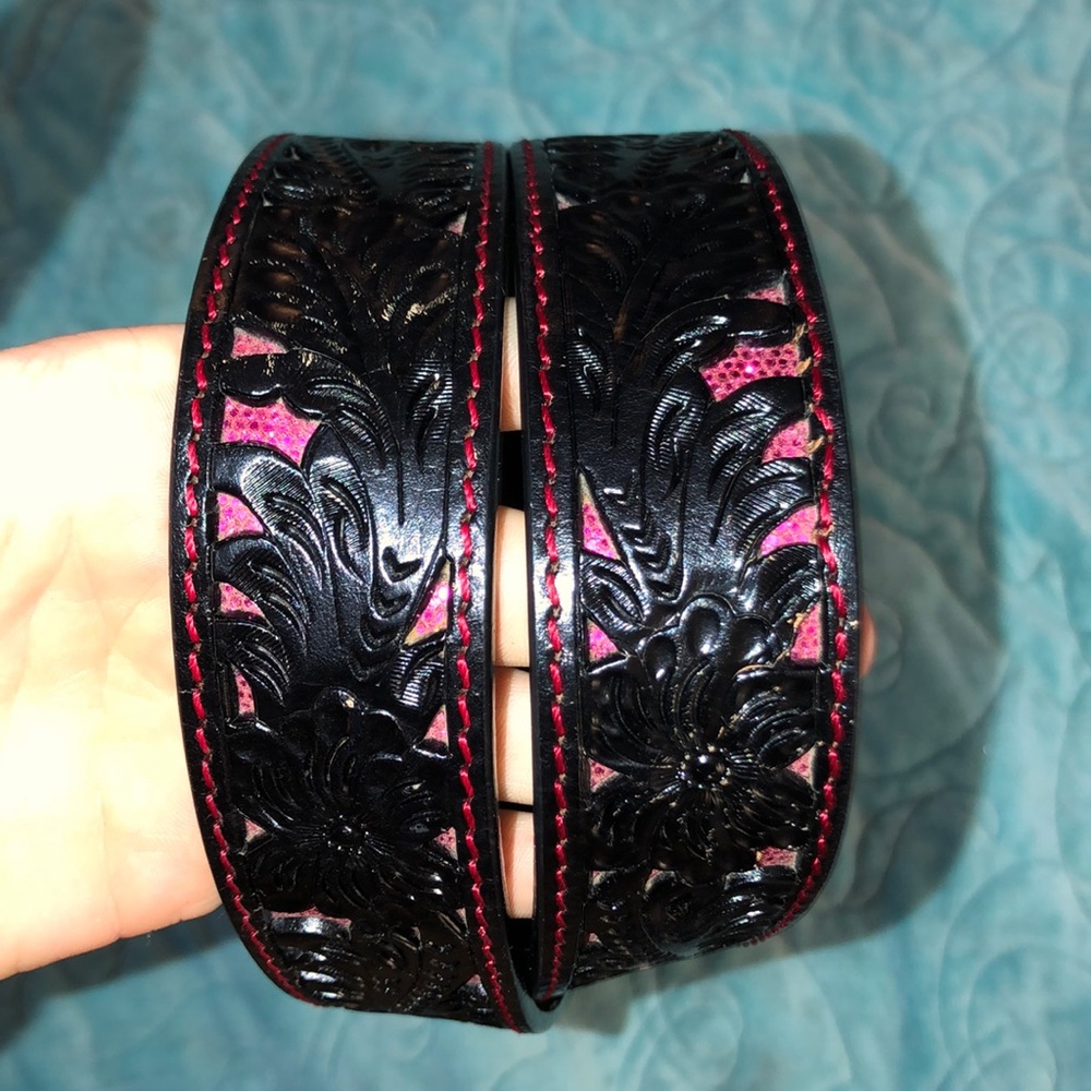 Pink and black hand tooled leather belt